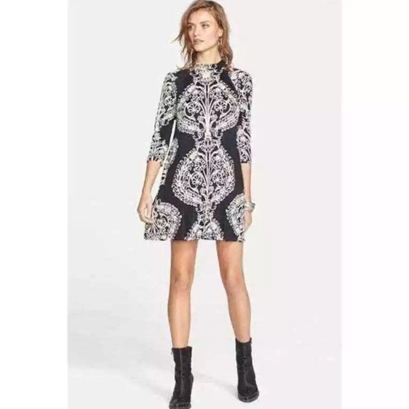Free People Black Taupe Fiesta Floral Long Sleeve Mini Shift Dress Womens XS - Picture 1 of 14